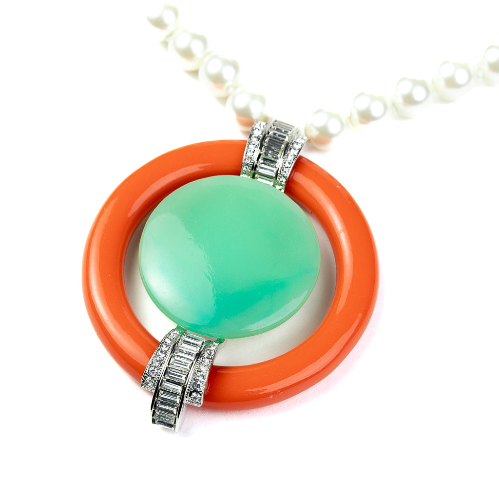 Pearl S-Hook Clasp Necklace with Coral and Jade Pendant