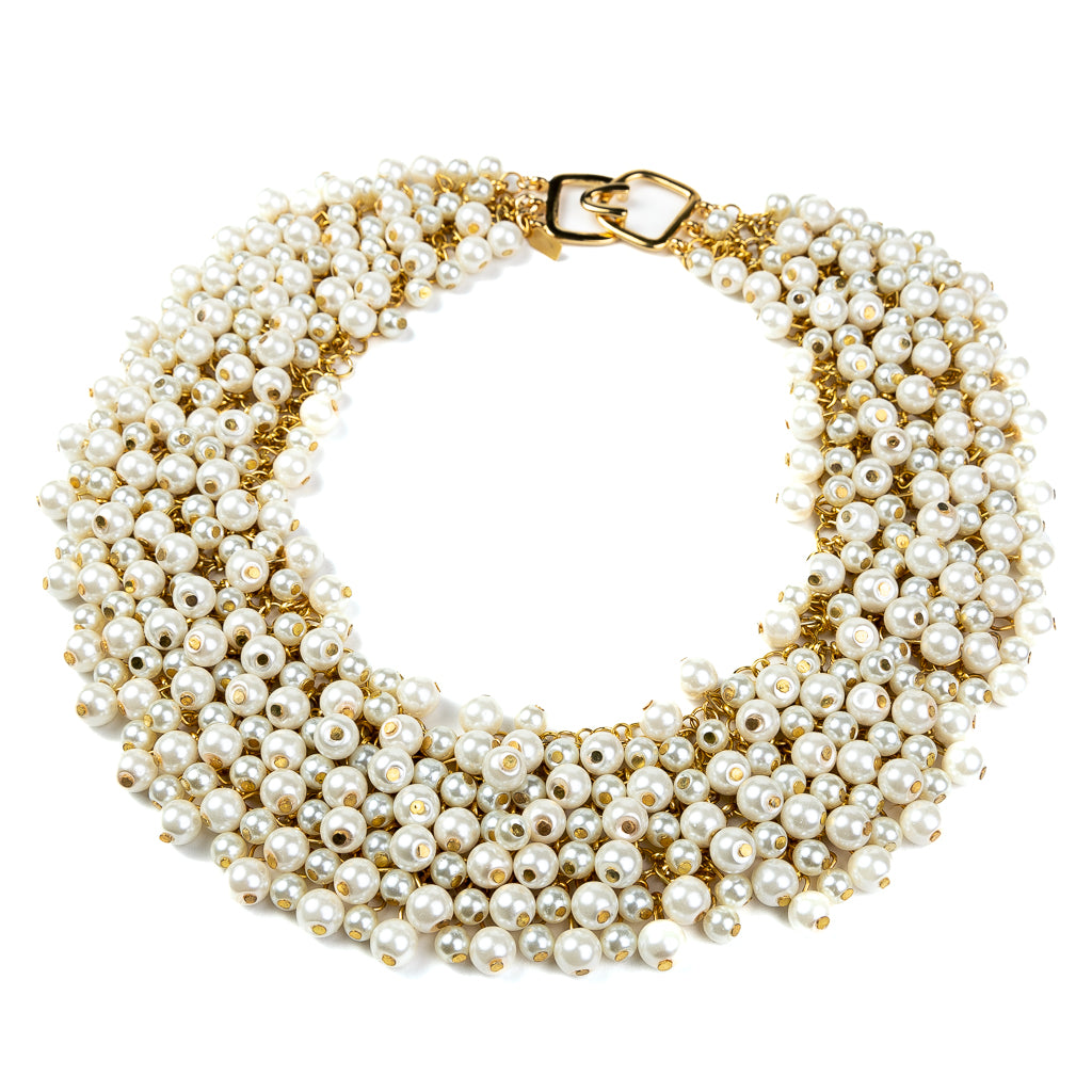 Gold and Pearl Cluster Bib Necklace