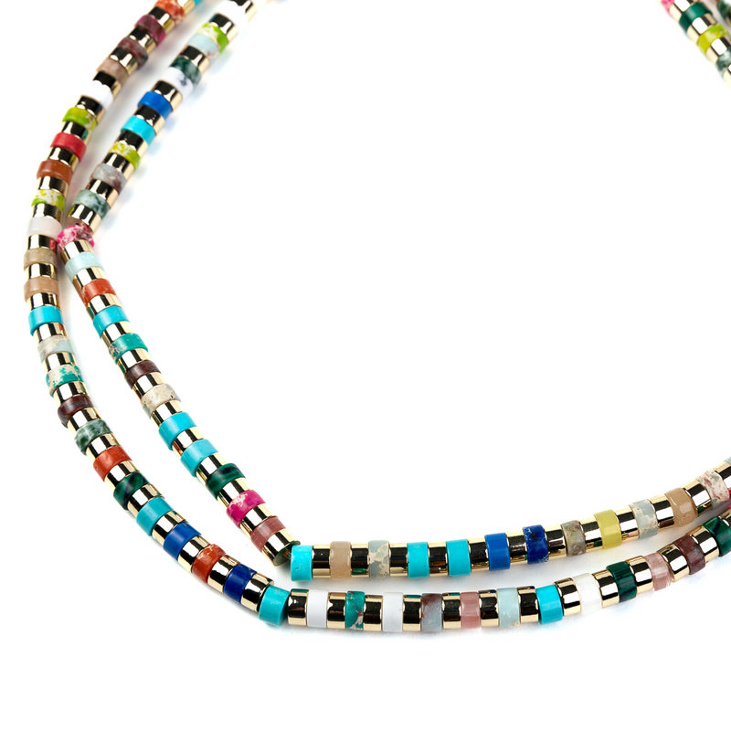 Gold and Multicolored Stations Necklace with Hook Clasp