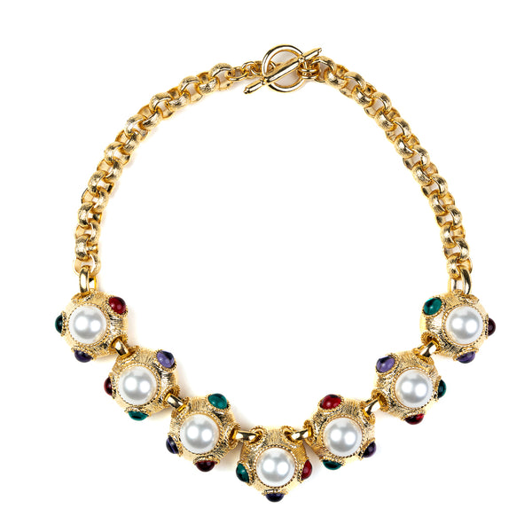 Multicolored Gemstone & Pearl Centers Necklace