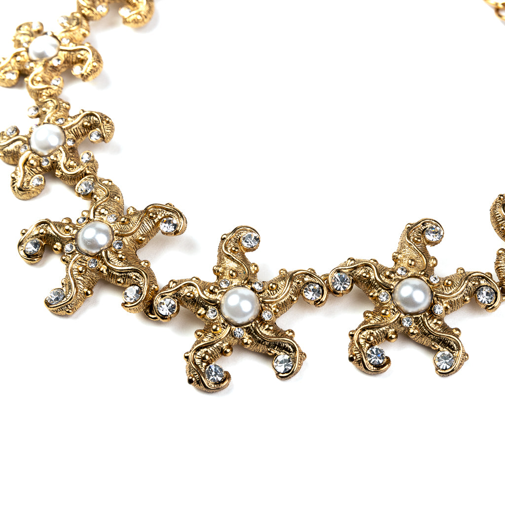 Antique Gold and Crystal Starfish Necklace with Pearl Center