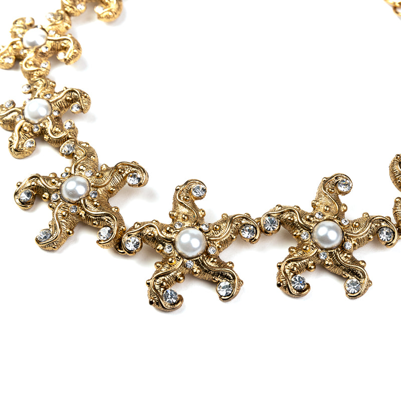 Antique Gold and Crystal Starfish Necklace with Pearl Center