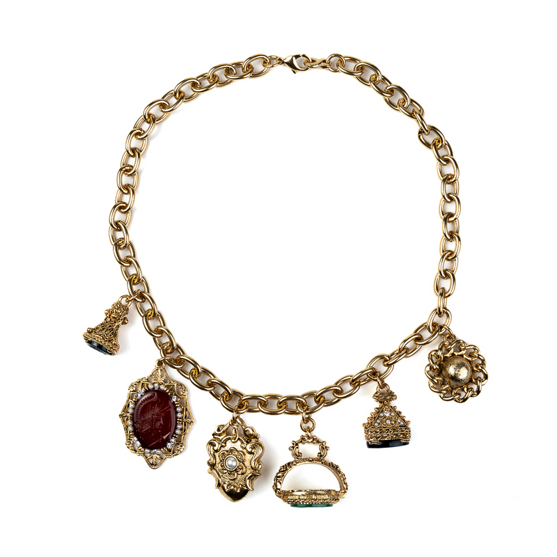 Antique Gold Chain Necklace with Multicolor Charms