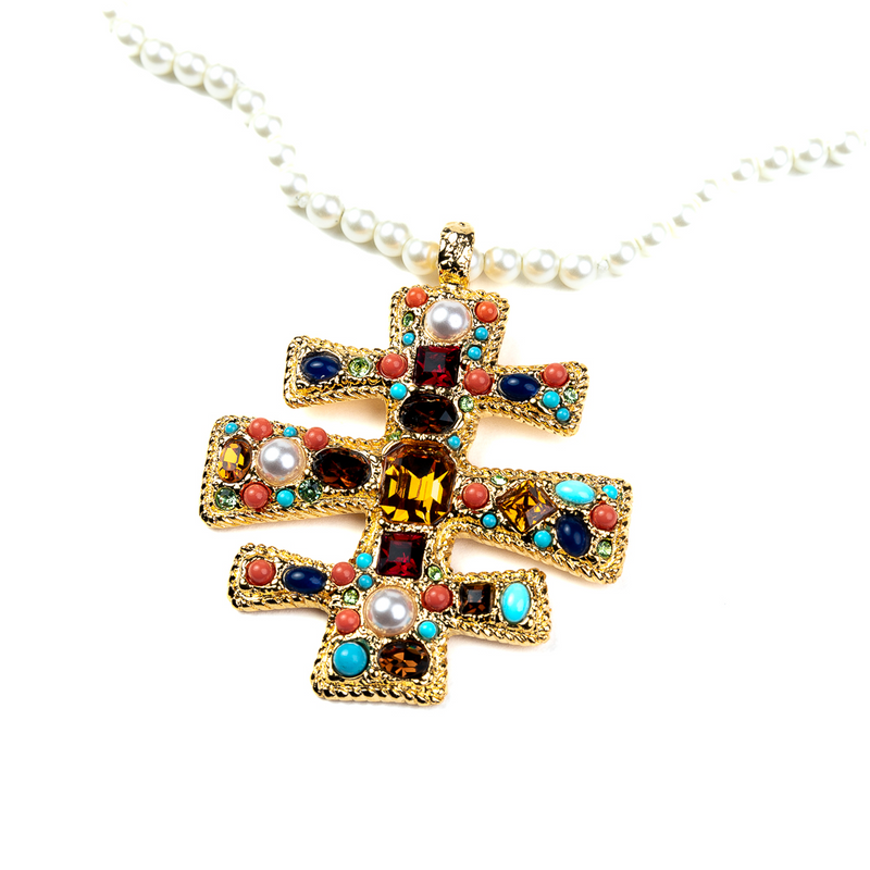 Pearl Necklace with Gold Multicolor Gem Pendant