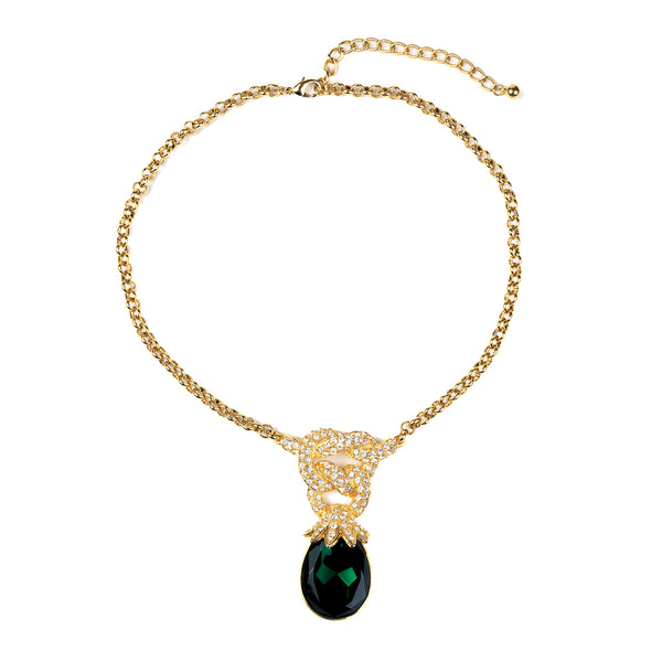 Gold and Crystal Link Chain Necklace with Emerald Stone Drop