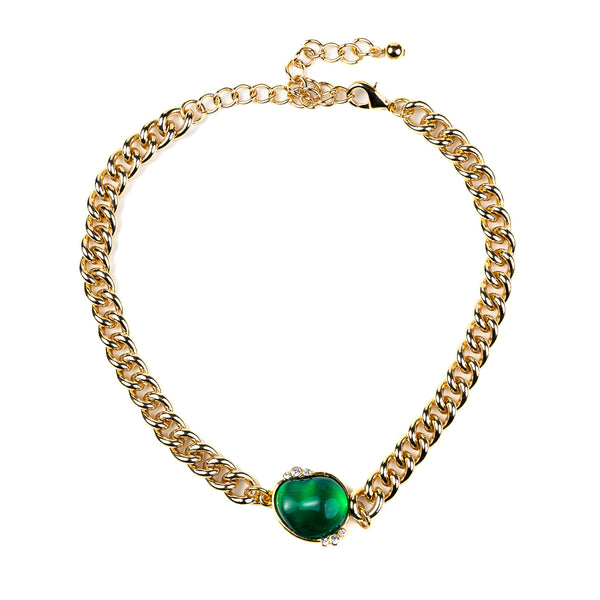 Gold Chain Extender Choker with Emerald Nugget and Crystals