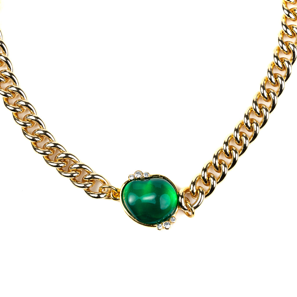 Gold Chain Extender Choker with Emerald Nugget and Crystals