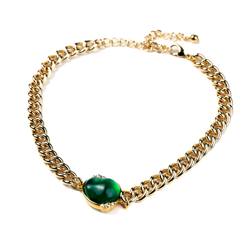Gold Chain Extender Choker with Emerald Nugget and Crystals