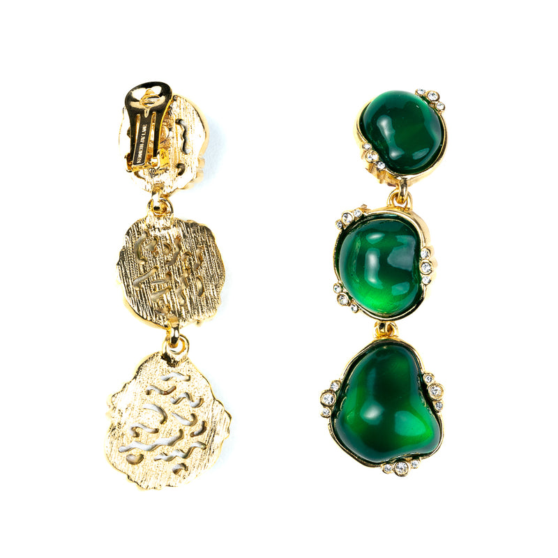 Polished Gold and Crystal Emerald Drop Clip Earrings