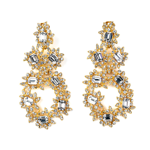 Gold and Crystal Flower Clip Earrings