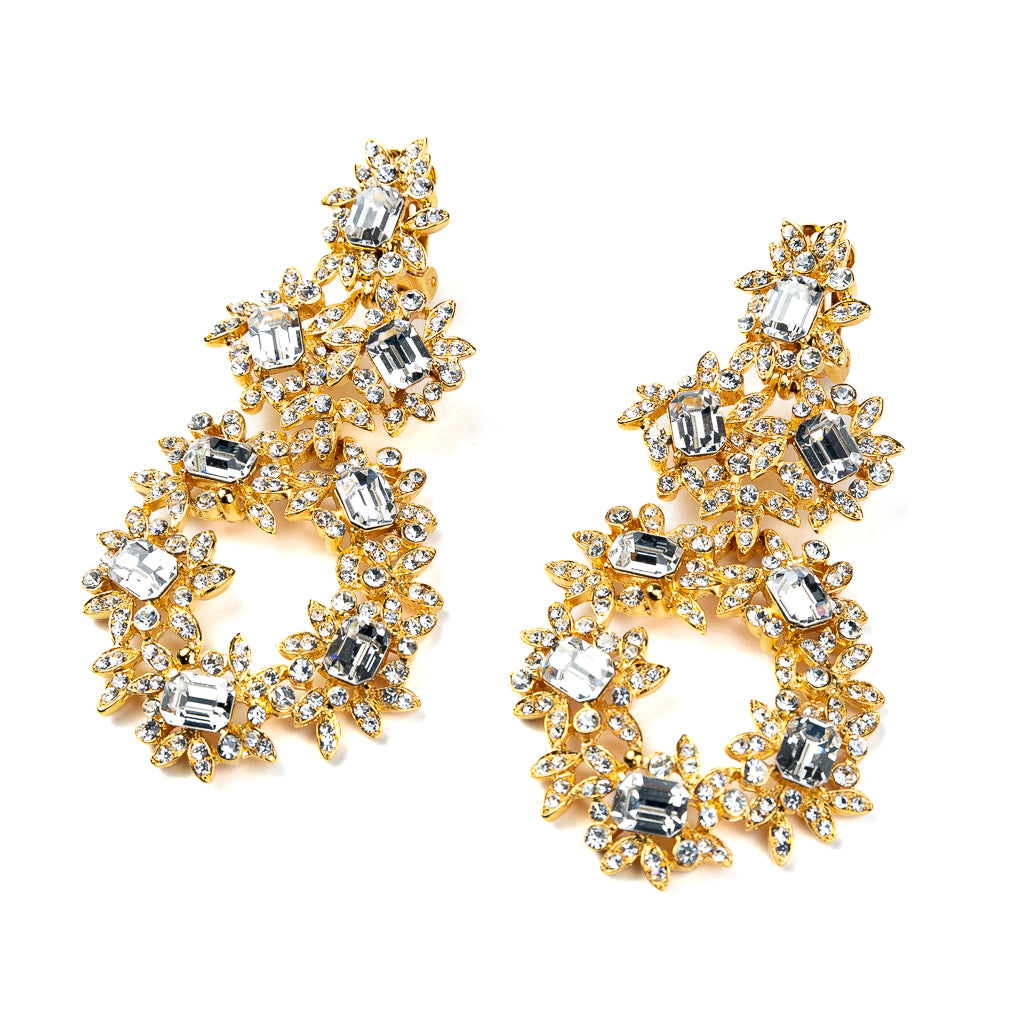 Gold and Crystal Flower Clip Earrings