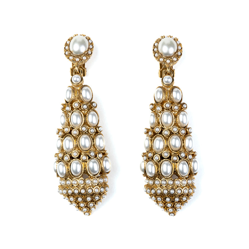 Antique Gold with Pearl Drop Clip Earrings