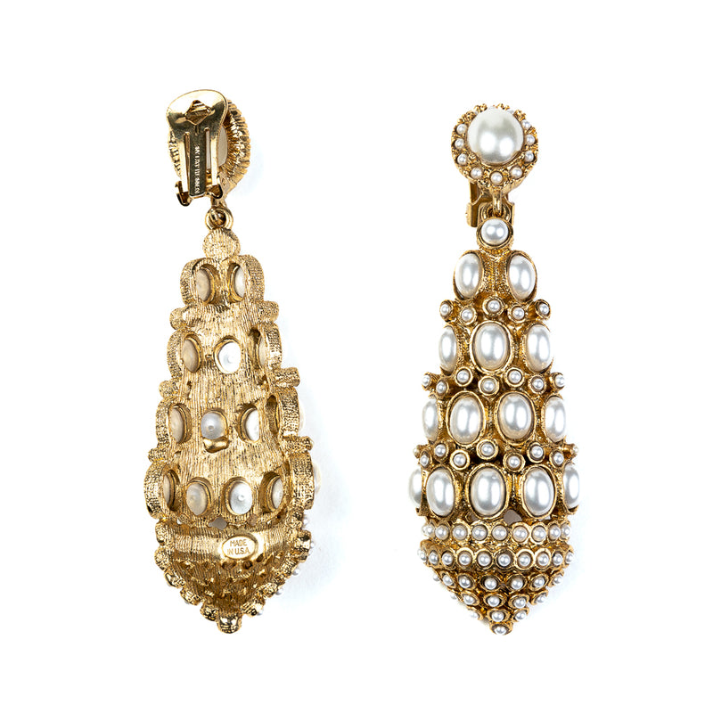 Antique Gold with Pearl Drop Clip Earrings