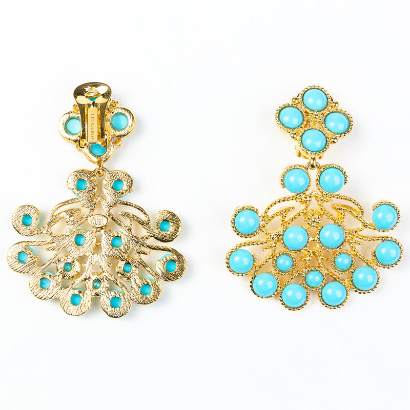 Gold with Turquoise Cabochons Clip Earrings