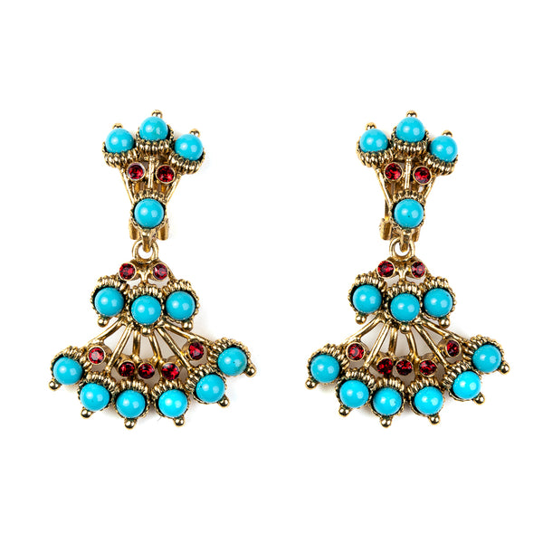 Light Antique Gold with Turquoise and Ruby Clip Earrings