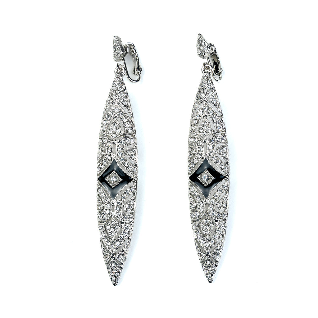 Silver Crystal with Black Enamel Clip Earrings