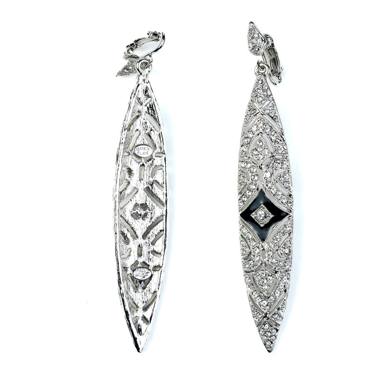 Silver Crystal with Black Enamel Clip Earrings