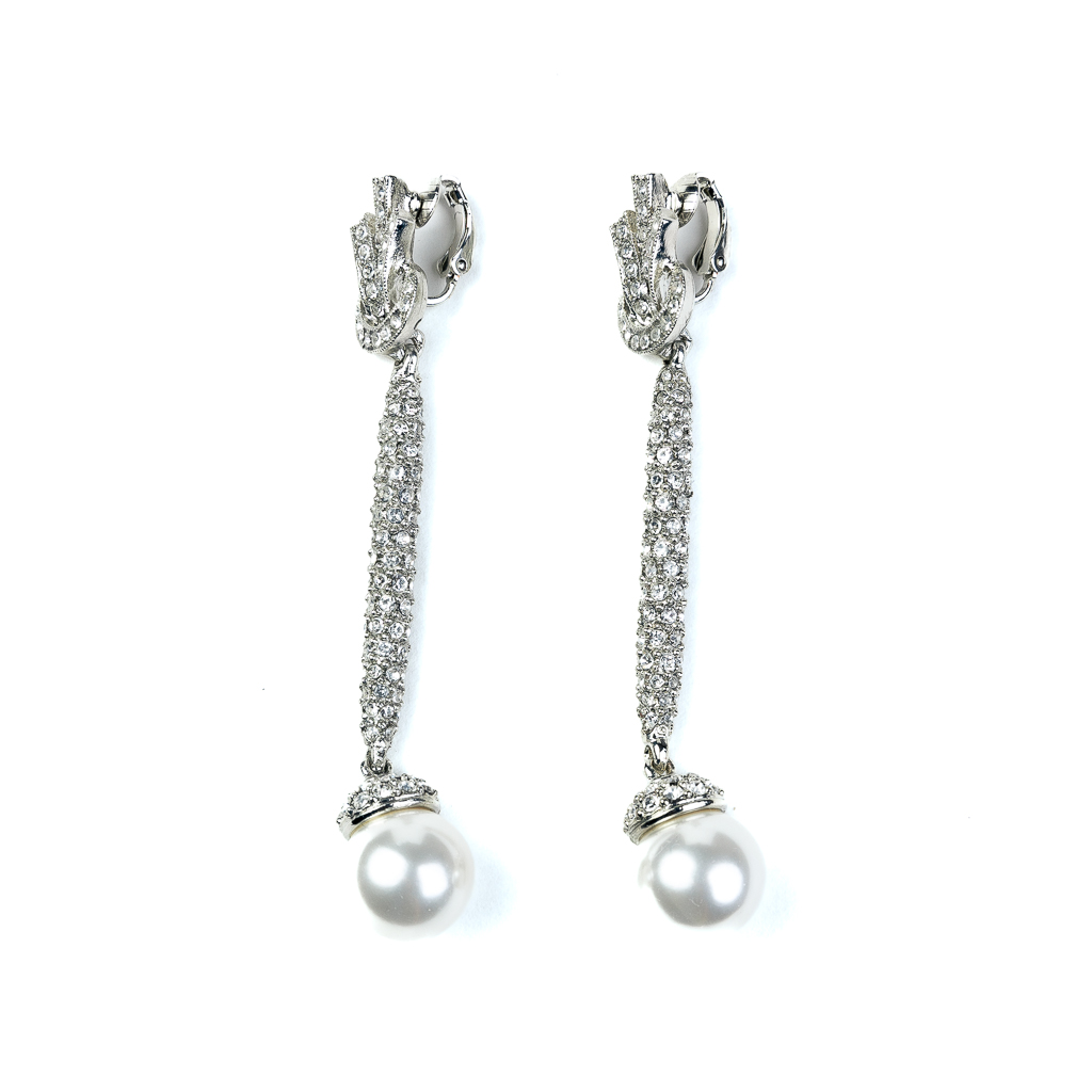 Pearl Bottom Rhinestone Drop Clip On Earrings