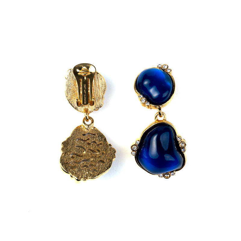 Polished Gold and Crystal Sapphire Drop Clip Earrings