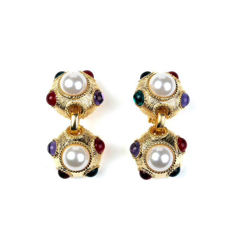 Satin Gold with Multicolor Gems and Pearl Centers Clip Earrings