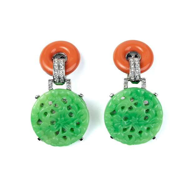 Coral and Jade Circle Clip Earrings