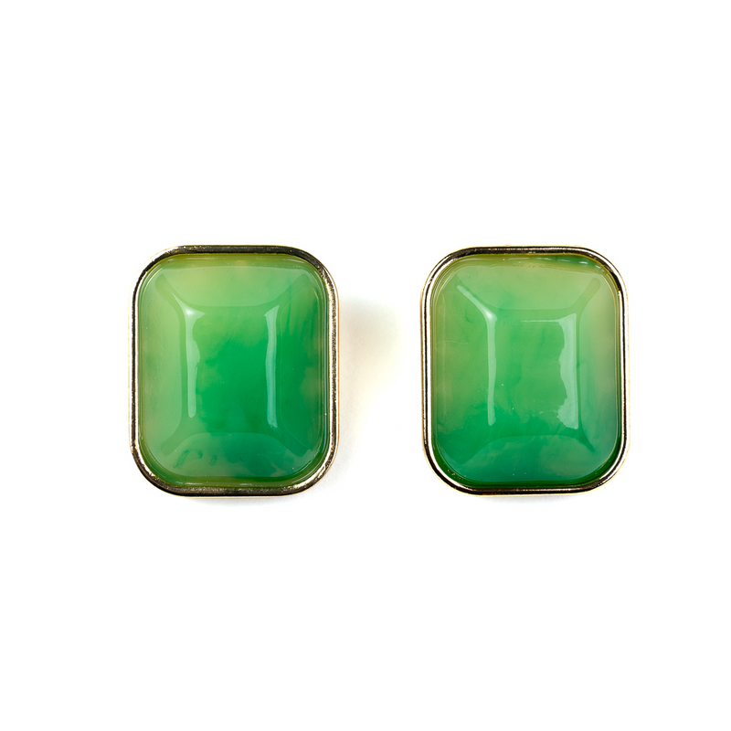 Gold Rectangle Clip Earrings with Light Ming Jade Center