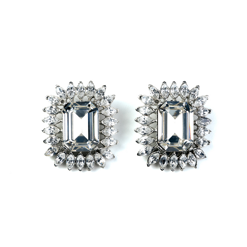 Rhodium and Rhinestone Clip Earrings with Crystal Center