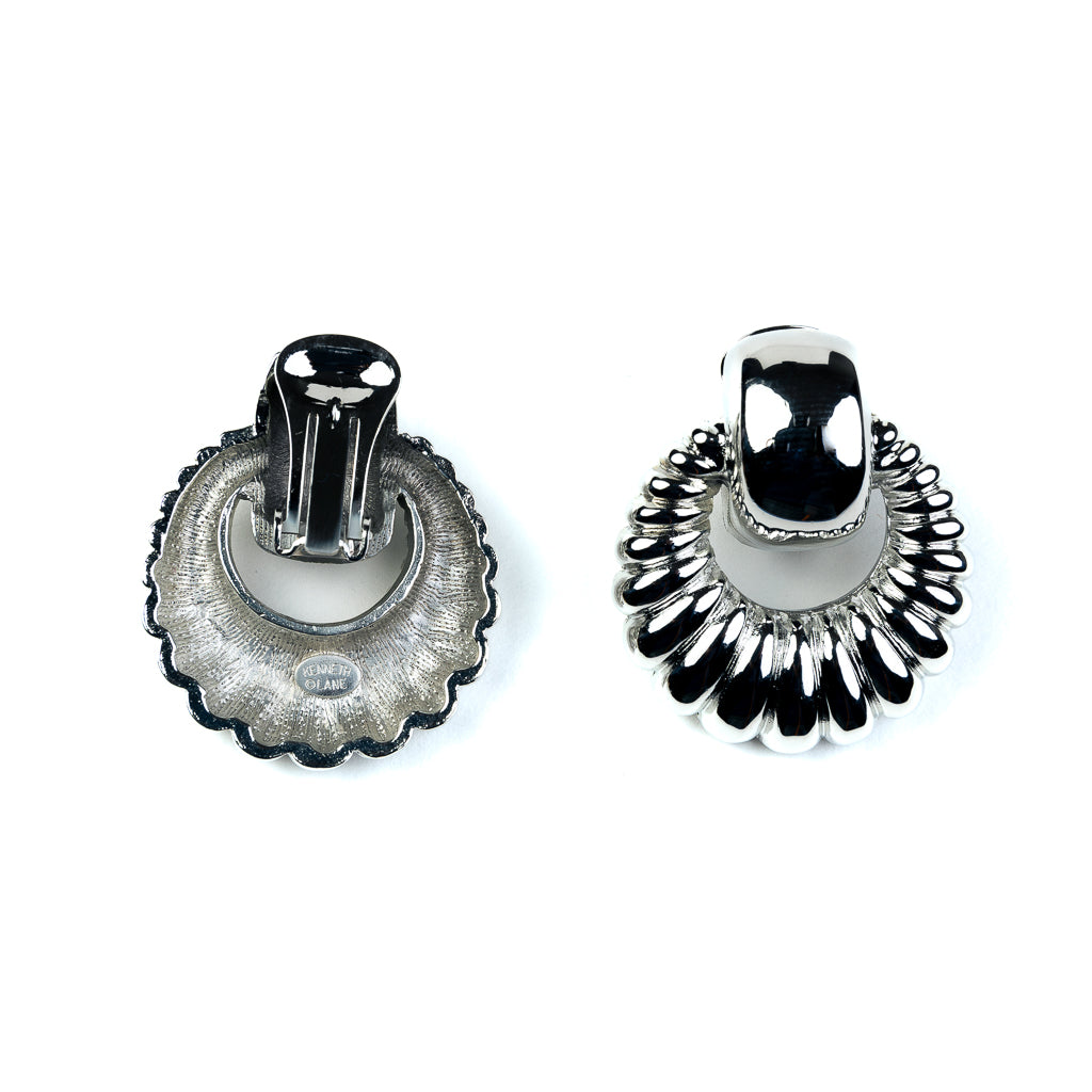 Polished Silver Ribbed Door Knocker Clip Earrings