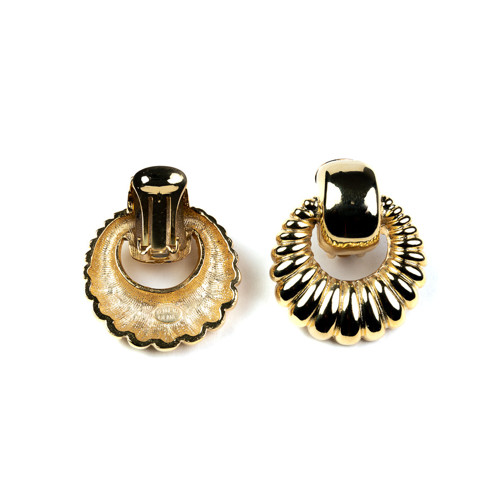 Polished Gold Ribbed DoorKnocker Clip Earrings