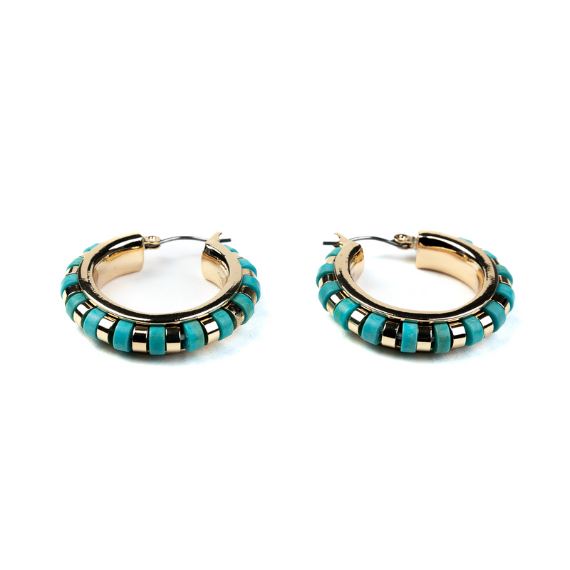 Gold Hoop Earrings with Turquoise Stones