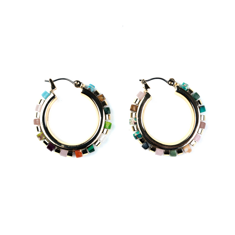 Gold Hoop Earrings with Multicolored Stones