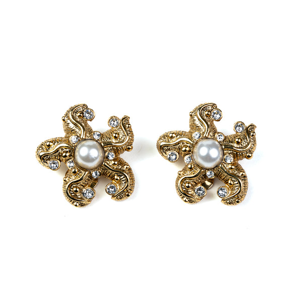 Antique Gold and Crystal Starfish Clip Earring with Pearl Center