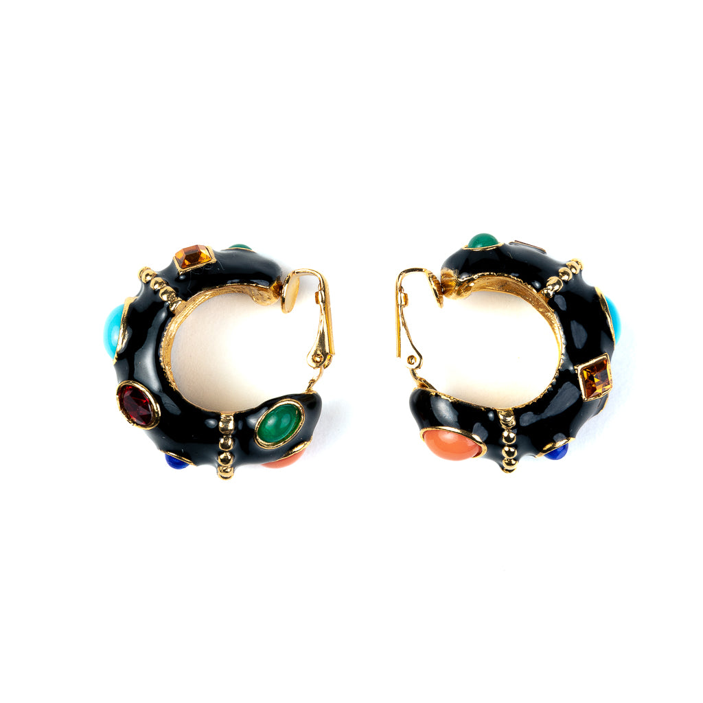 Black & Multicolored Gemstone Hoop Clip Earrings