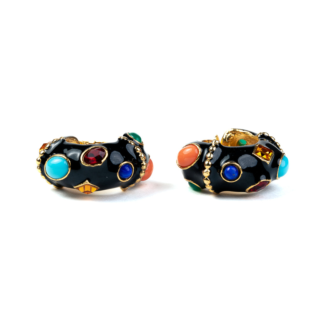 Black & Multicolored Gemstone Hoop Clip Earrings