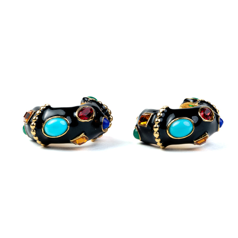 Black & Multicolored Gemstone Hoop Clip Earrings