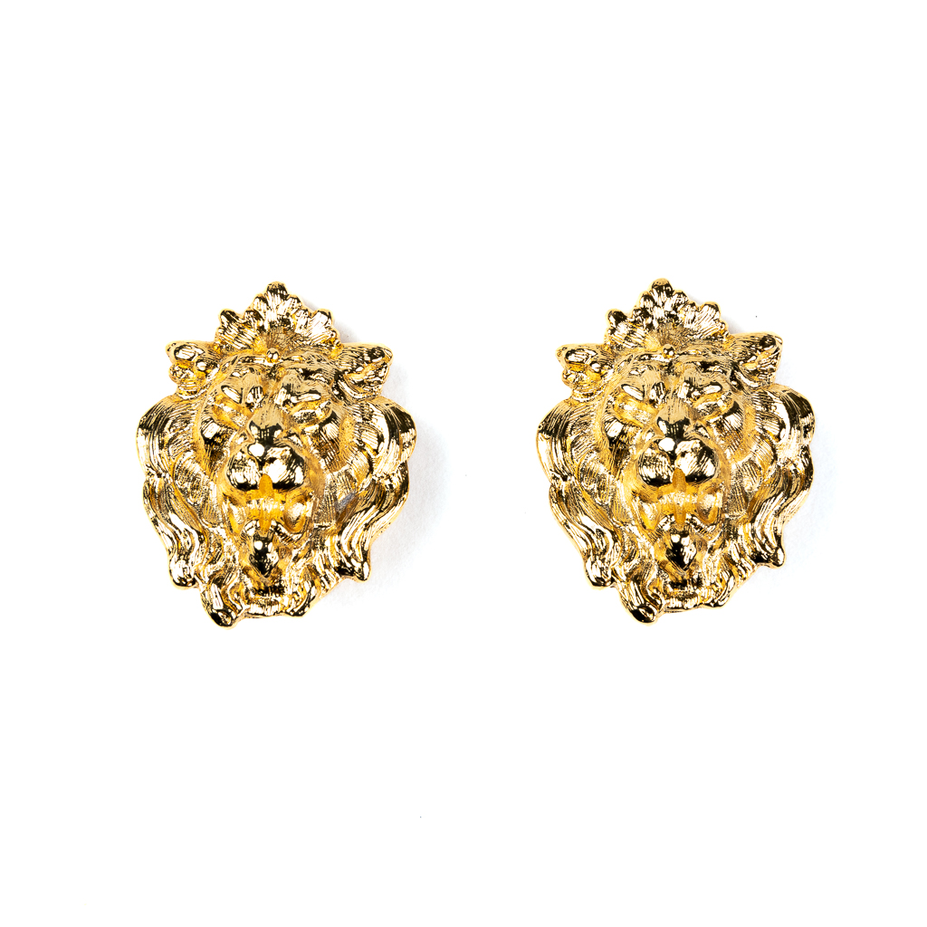 Gold Lion Head Clip Earrings