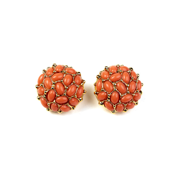 Gold with Light Coral Cabochon Button Clip Earrings