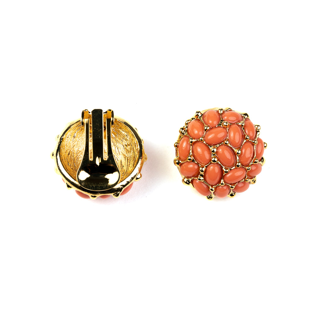 Gold with Light Coral Cabochon Button Clip Earrings