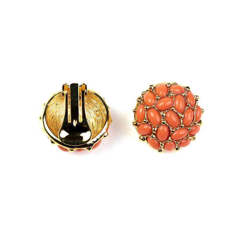 Gold with Light Coral Cabochon Button Clip Earrings