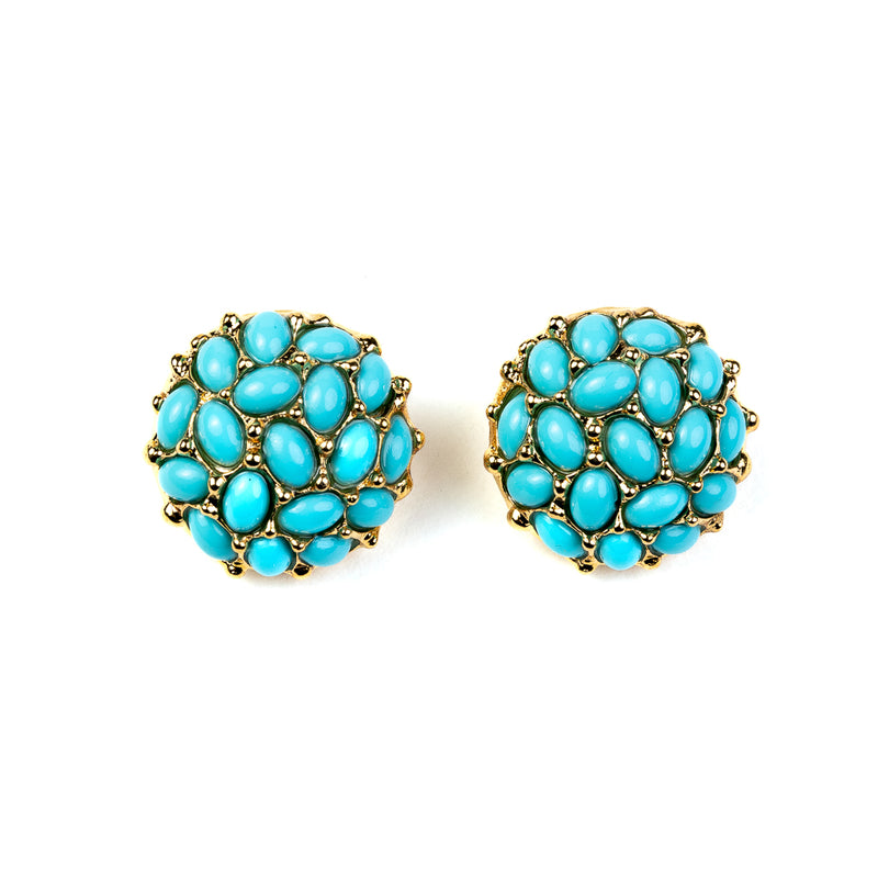 Gold and Turquoise Cabochons Button Clip Earrings
