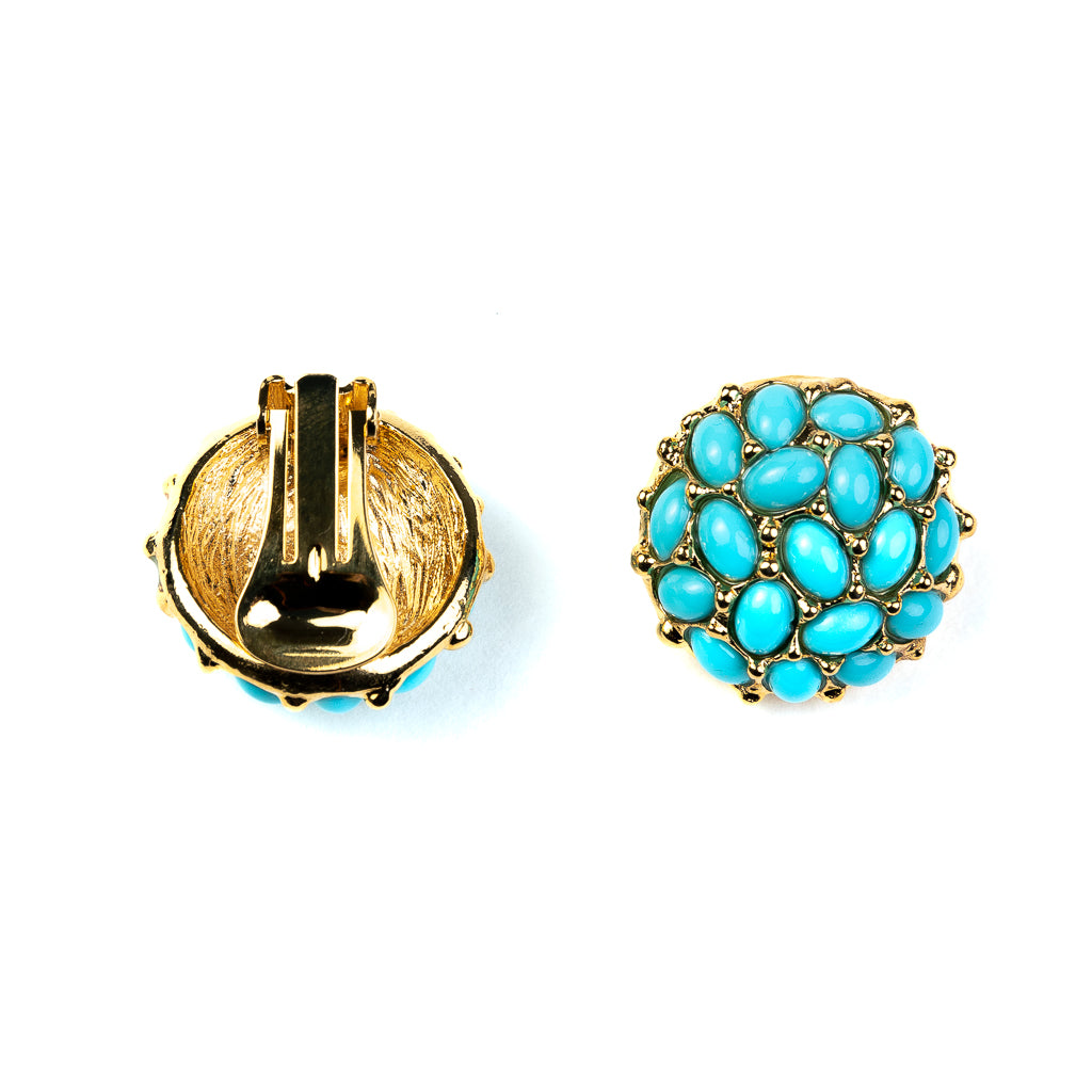 Gold and Turquoise Cabochons Button Clip Earrings