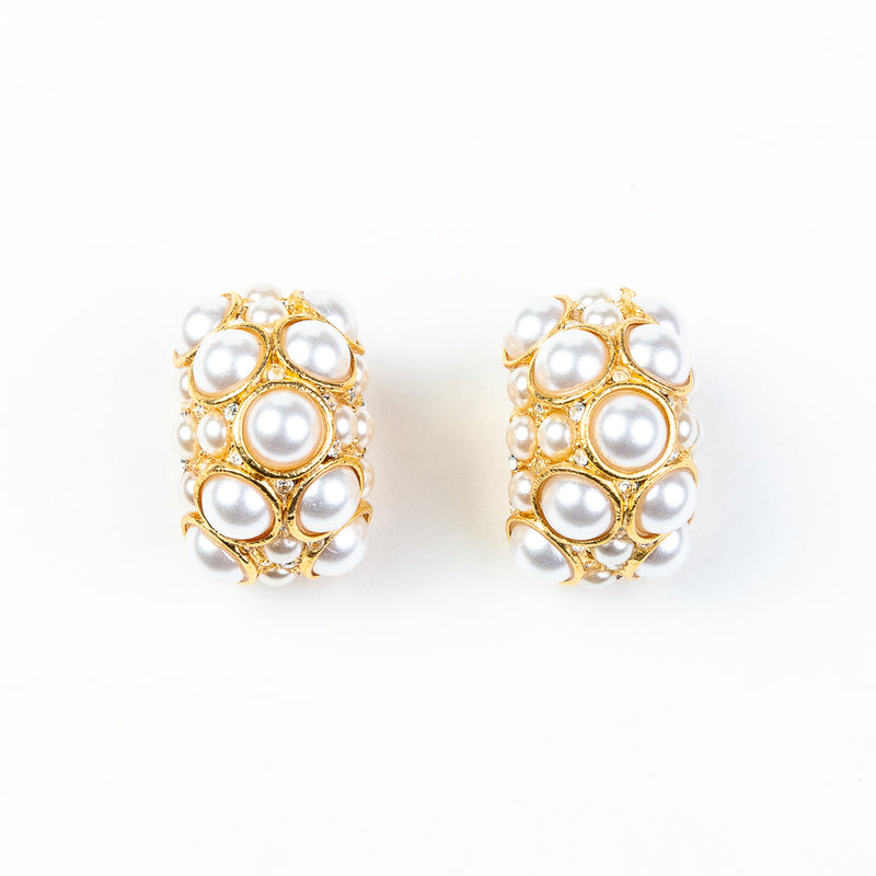 Gold and Crystal Clip Earrings with Pearl Cabochons