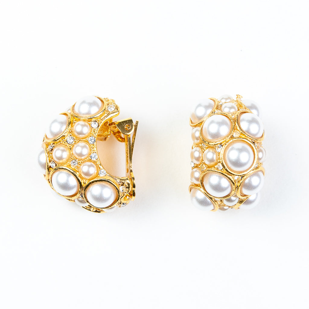 Gold and Crystal Clip Earrings with Pearl Cabochons