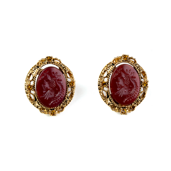 Antique Gold and Topaz Clip Earrings With Carnelian Center