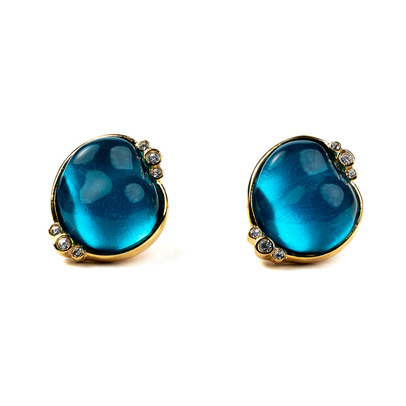 Aqua Nugget Clip Earrings with Gold Setting and Crystals