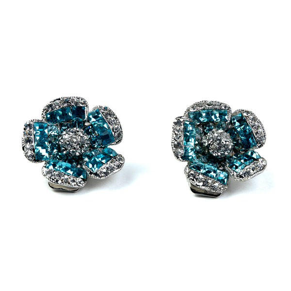 Rhinestone and Aqua Flower Clip Earrings