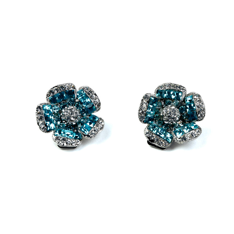 Rhinestone and Aqua Flower Clip Earrings