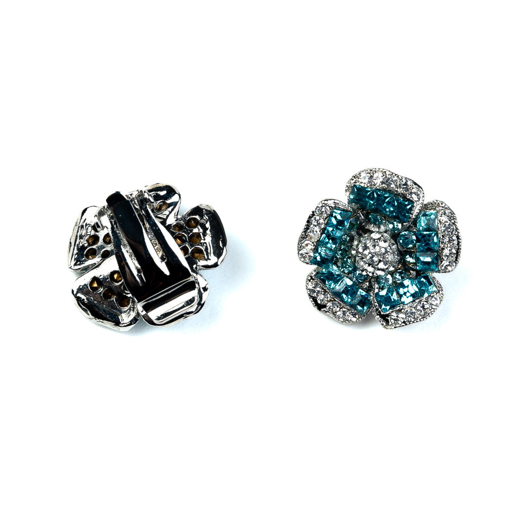 Rhinestone and Aqua Flower Clip Earrings