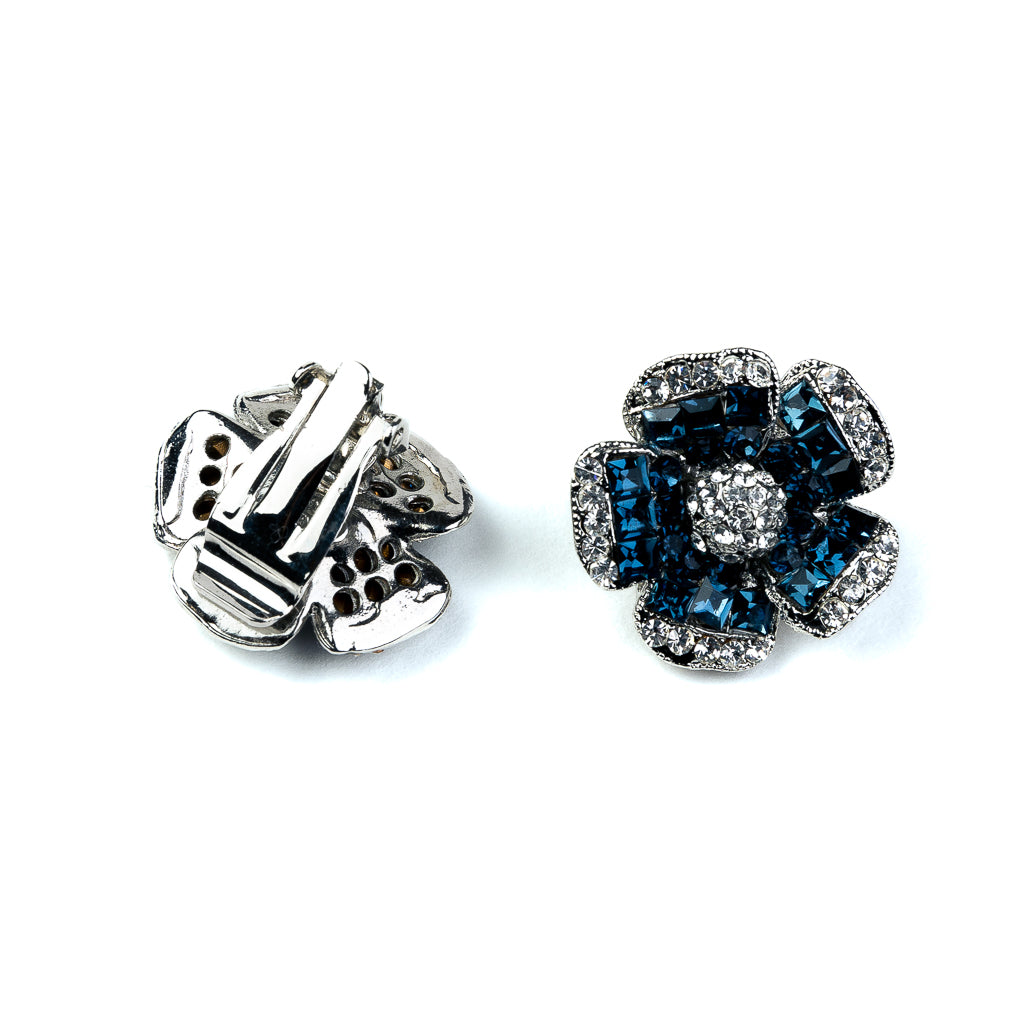 Rhinestone and Sapphire Flower Clip Earrings