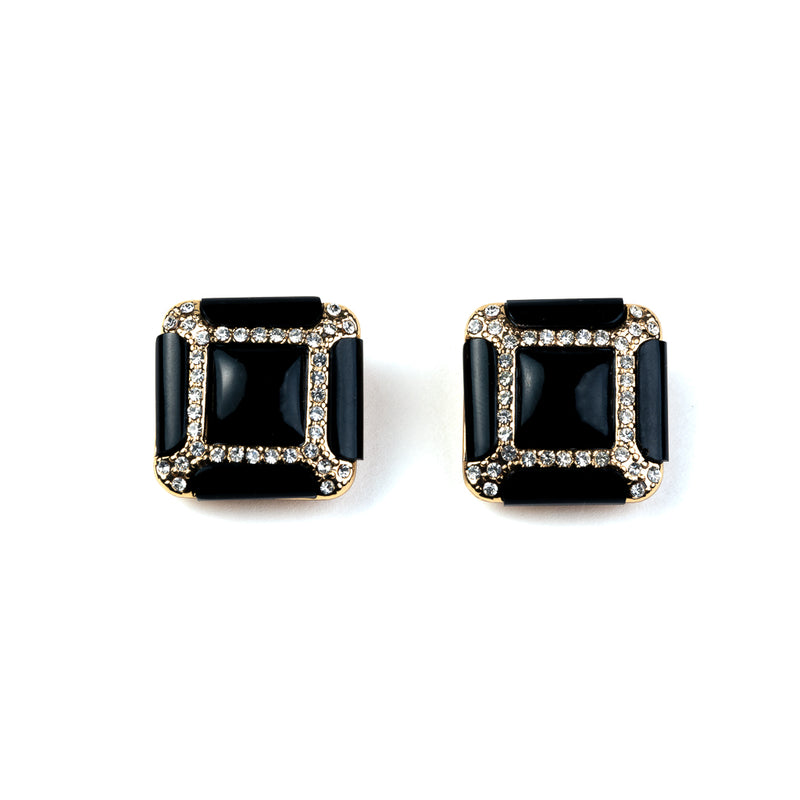 Gold and Rhinestone Black Square Clip Earrings